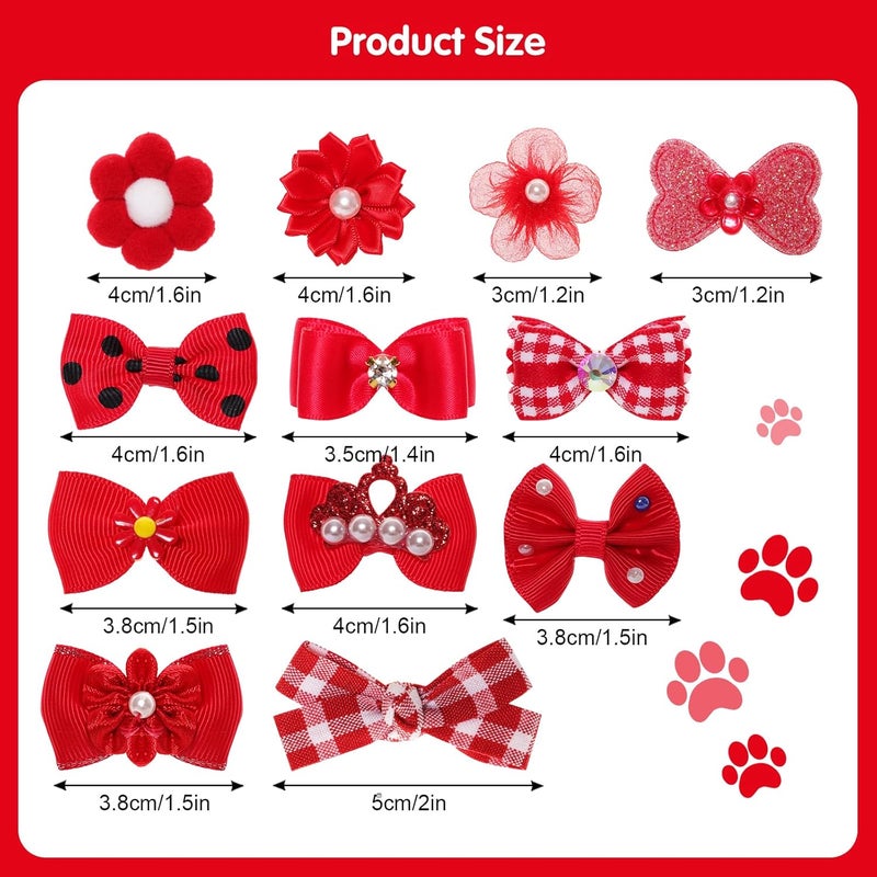 Gvhntk 24Pcs Red Small Dog Hair Bows Cute Puppy Dog Bowknot Hair Bow Bulk with Rubber Bands Elastic Lace Rhinestone Pearls Hair Ties Mix Style Handmade Flower Bow Dog Cat (Red, Strong Pattern) - Image 5